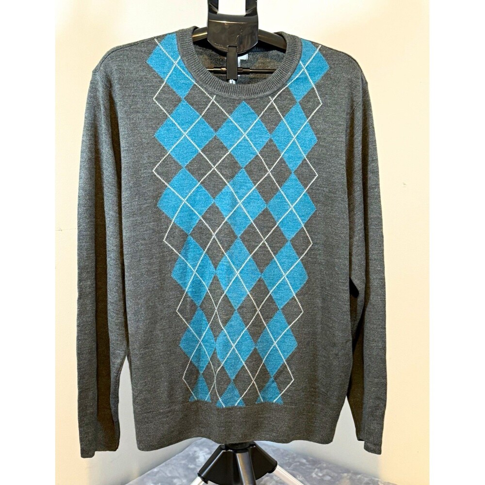 Dockers Men’s XL Gray/Blue Argyle Knit Acrylic Crewneck Long Sleeve Sweater
